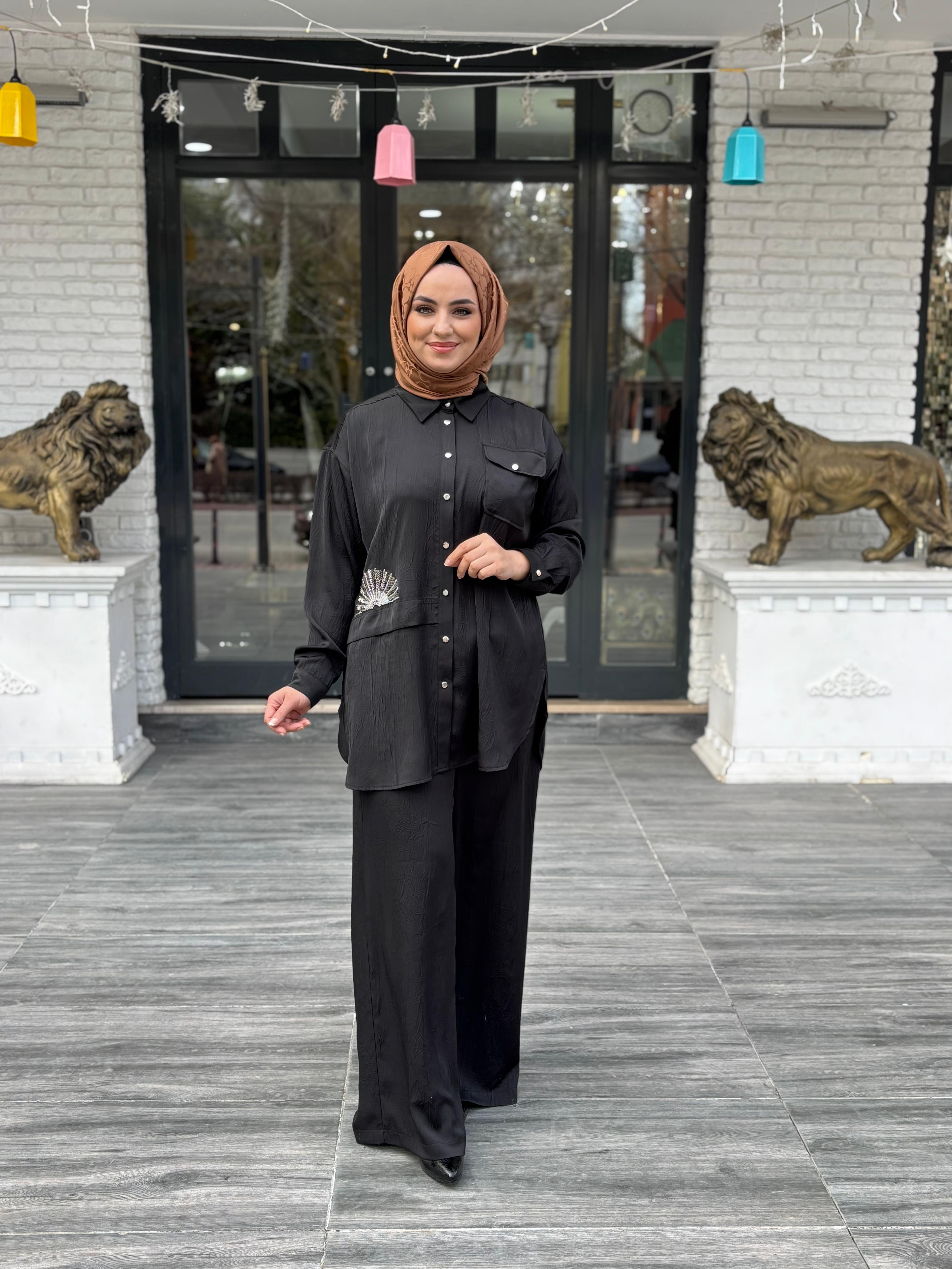 İthal Saten Gömlek Takım – Şık ve Rahat Tesettür İkili Takım