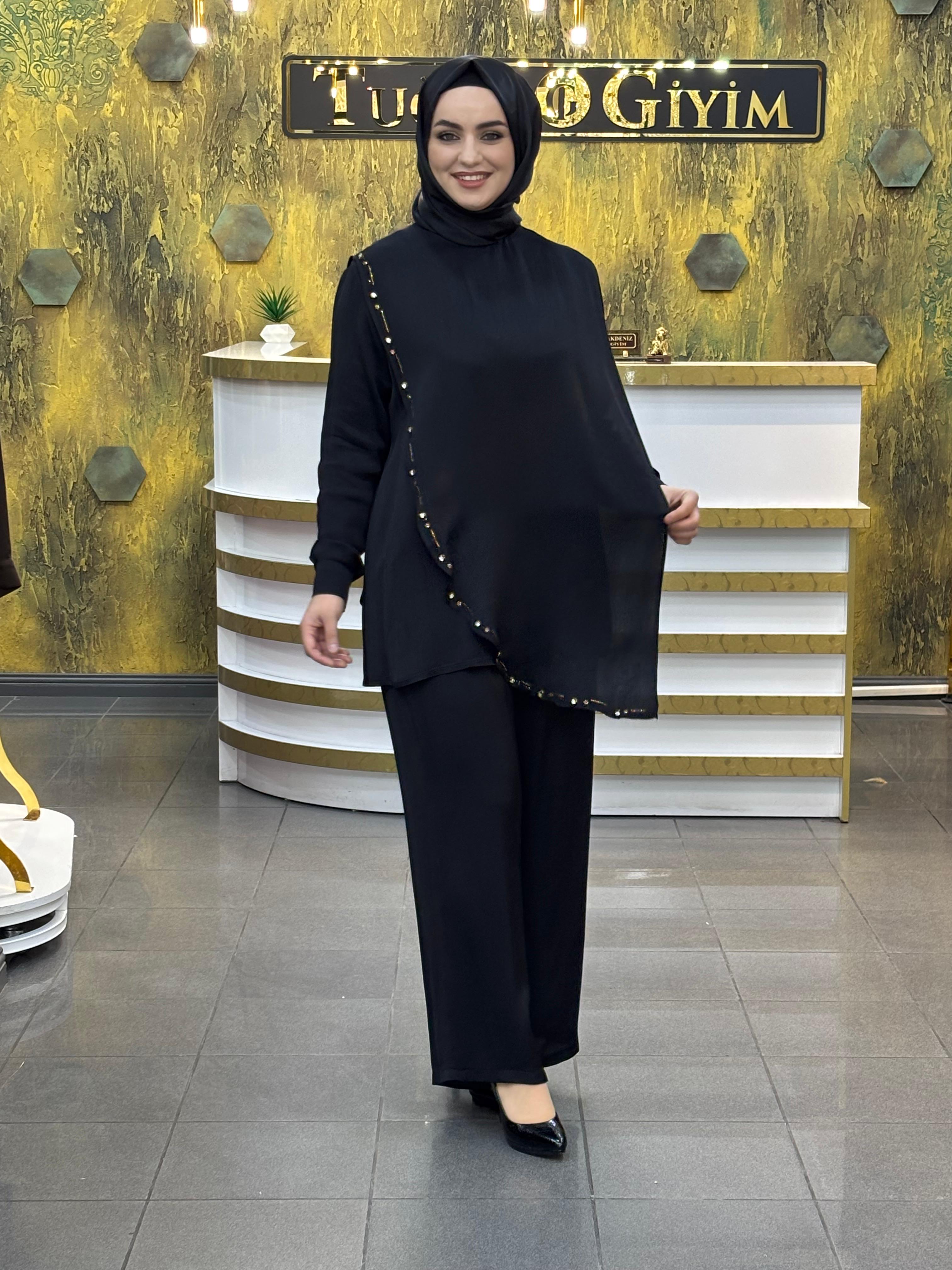 İthal Saten Kumaş İkili Takım – Beli Lastikli Bol Pantolon Rahat Kalıp Şık Kombin