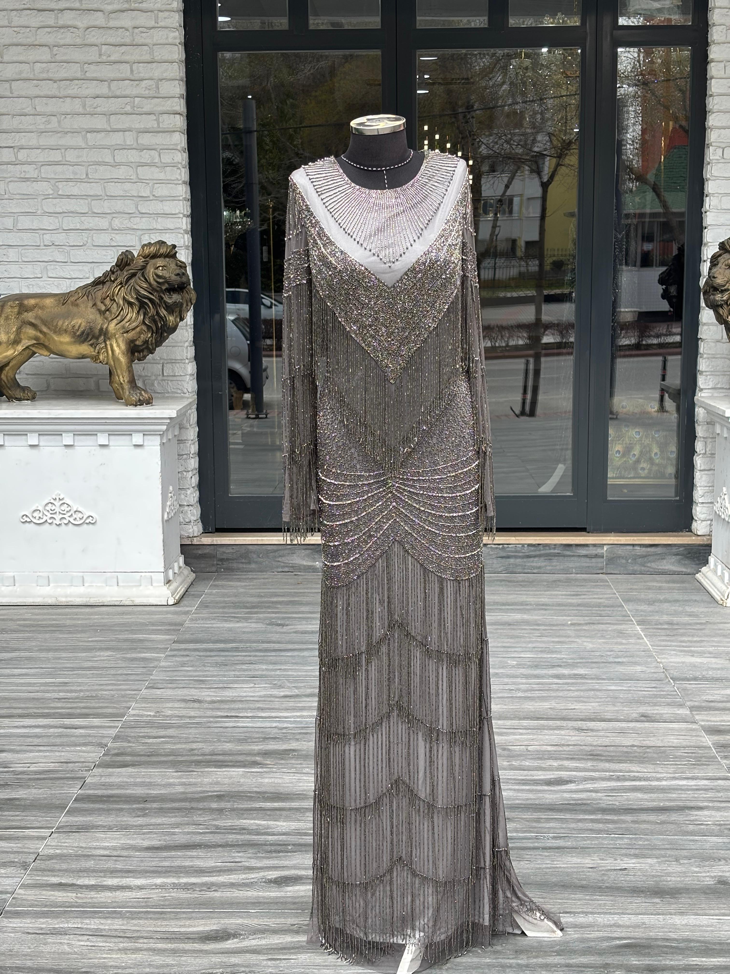 İthal Taş İşlemeli El İşçiliği Abiye Elbise | Lüks Gece Elbisesi