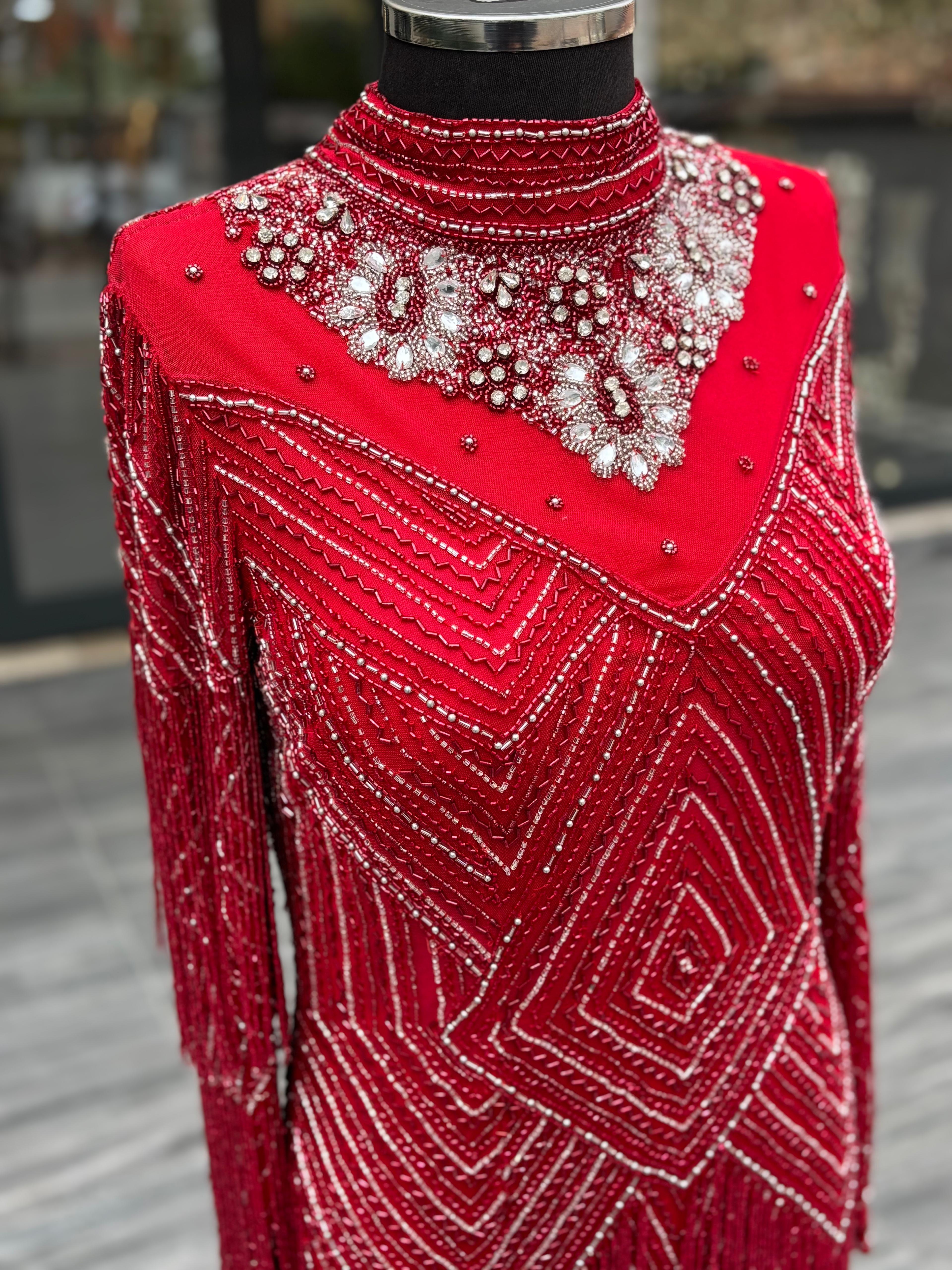 İthal El İşlemeli Kırmızı Taşlı Abiye Elbise | Lüks Gece Elbisesi