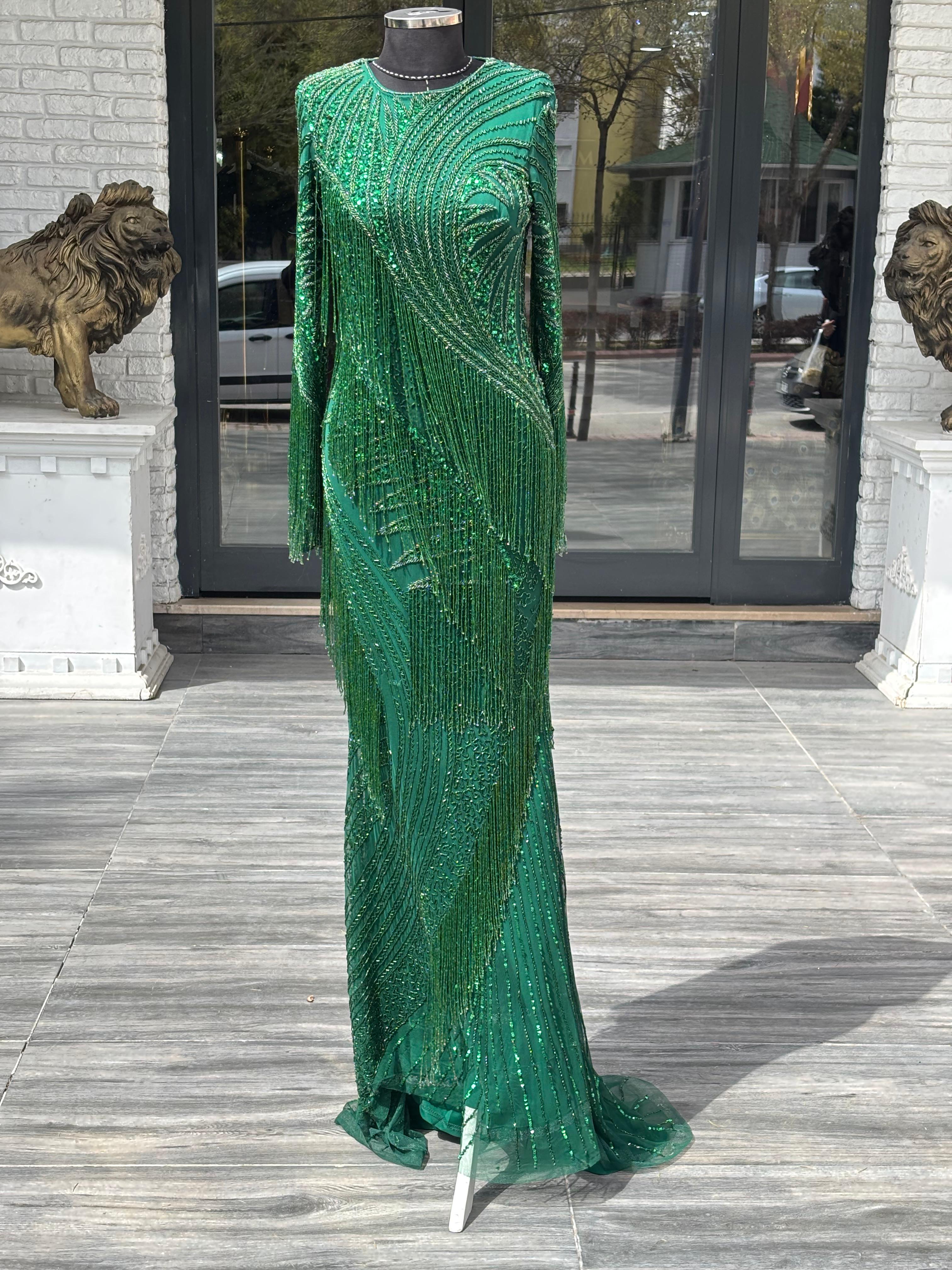 İthal El İşlemeli Yeşil Abiye Elbise | Işıltılı Uzun Gece Elbisesi