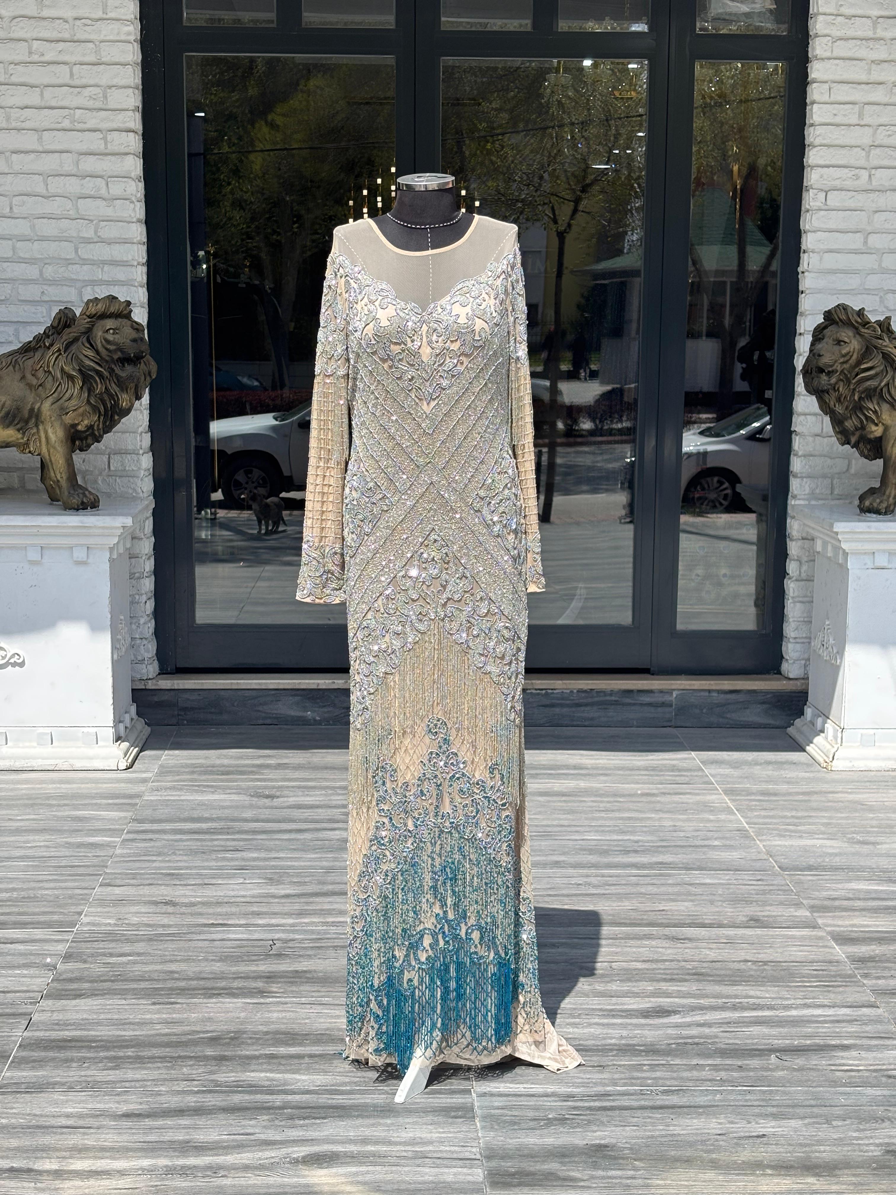 İthal Taş İşlemeli Abiye Elbise Uzun Şık Gece Elbisesi