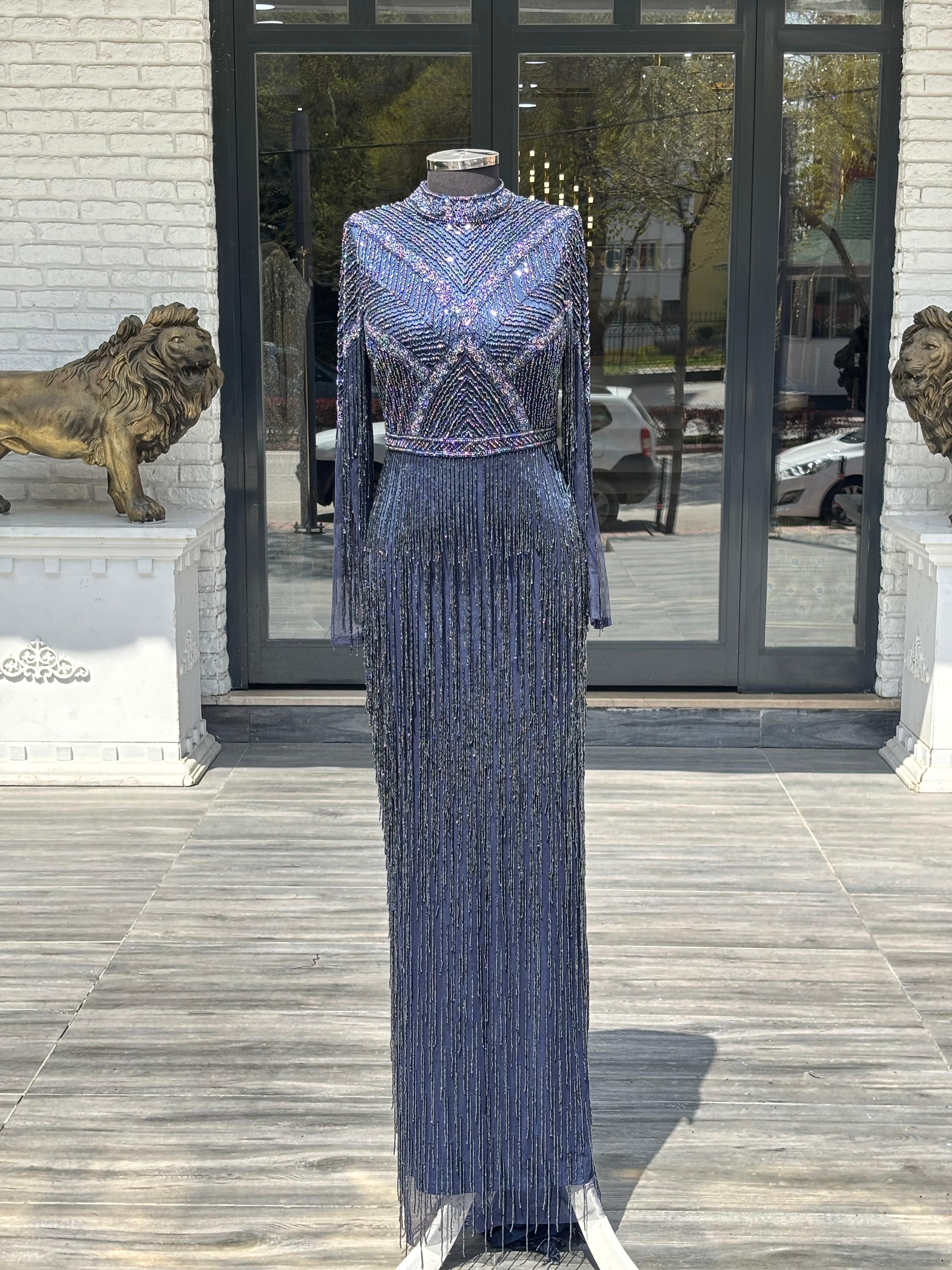 İthal Lacivert El İşlemeli Abiye Püskül Detaylı Uzun Gece Elbisesi